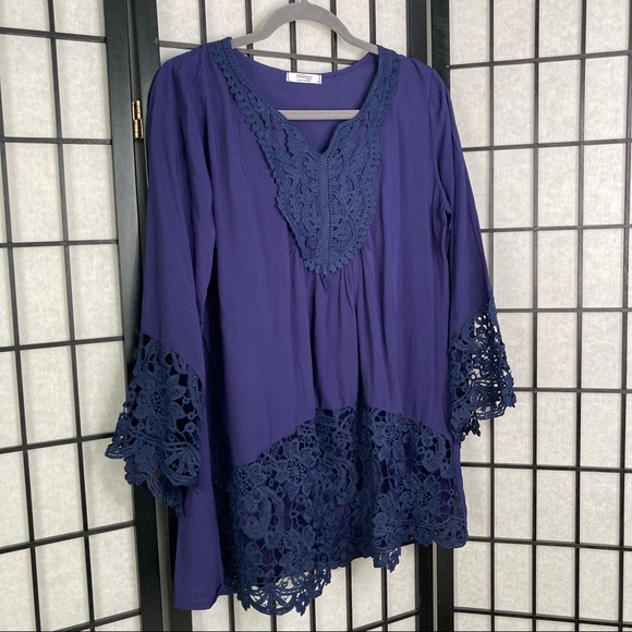Anthropologie Lace Flare Sleeve Blouse Blue Small - Picture 5 of 14